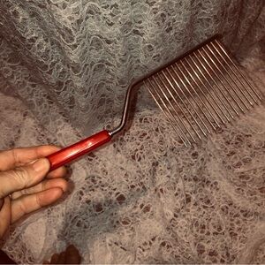 Vintage angel food cake cutter, red Bakelite handle, stainless cake cutter part.